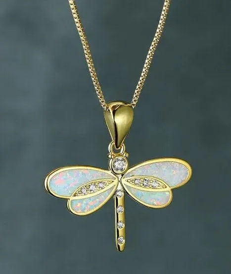 White Opal Dragonfly Gold Pendant Necklace Cyrstal - Beautiful Nature, Elegant - Image 4