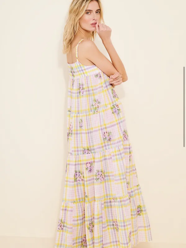 Anthropologie Payal Pratap Pastel Yellow & Pink Floral Plaid Maxi Dress - Image 2