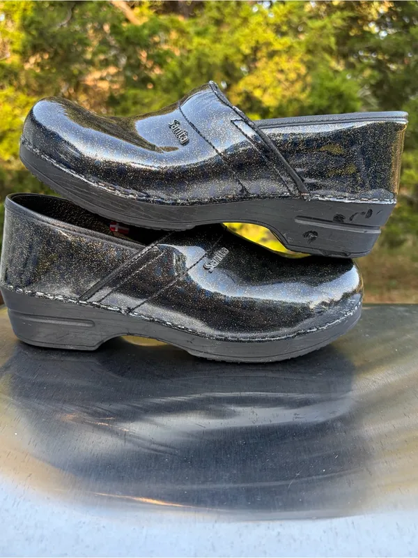 Sanita Professional Black Multicolor Glitter Patent Leather Danish Clogs Sz 40 - Image 3