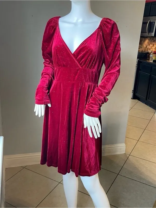 Velvet Wrap-Style Long Sleeve Dress in Deep Wine - Image 4