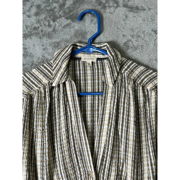 Pilcro Striped Button Front Pintuck Blouse Short Sleeve Tunic Top XXS Neutral - Image 2