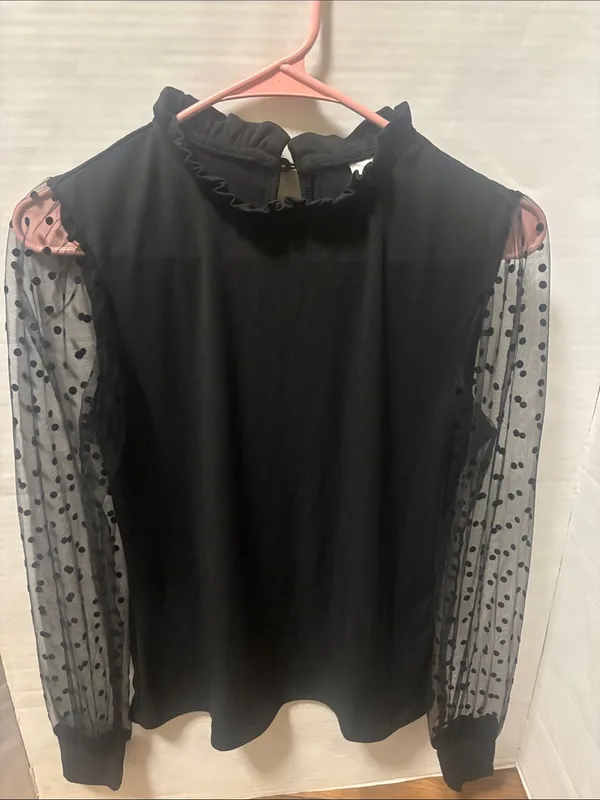 Blooming Jelly Black Ruffle Neck Polka Dot Mesh Sleeve Top S Dopamine Preppy Lux - Image 2