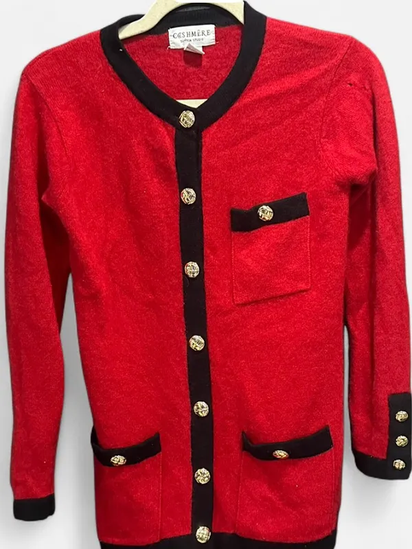 Vintage 100% Cashmere Red Cardigan Black Trim Gold Buttons Small - Image 3