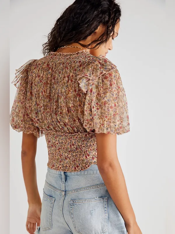 Free People Smocked Floral Lace-Up Crop Top XL NWOT Boho Prairie Cottagecore - Image 2