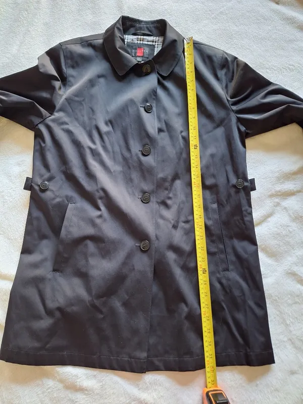 NWOT Gallery Black Single Breasted Rain Coat Jacket Size L Plaid Lining - Image 3