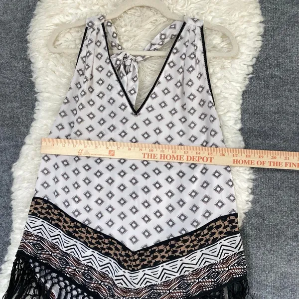 White House Black Market Geometric Halter Top Fringe Tassel White Black Brown - Image 7