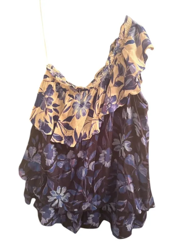 Anthropologie Boho Floral One-Shoulder Ruffle tier Mini Dress Resortwear fairy - Image 11