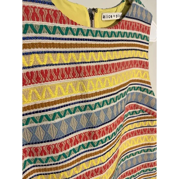 Alice + Olivia Coley Embroidered‎ Yellow Aztec Stripe Shift Dress Sz 6 - Image 2