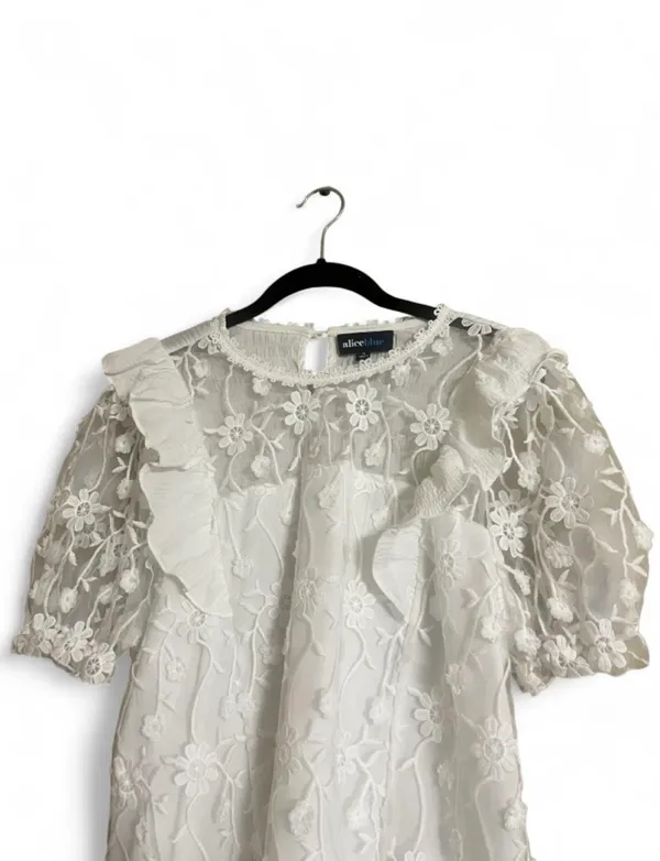 Alice Blue Top XL White Floral Lace Ruffle Blouse Sheer Sleeves Stretchy - Image 3