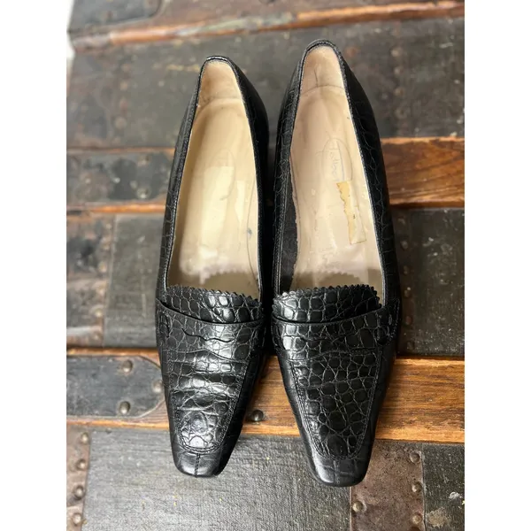 Vintage Talbots Black Croc Embossed Leather Loafers Size 7 90s Minimalist - Image 4
