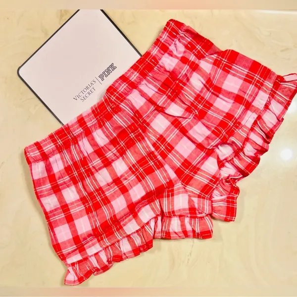 PINK VICTORIA’S SECRET Flannel Pajama Shorts Red Pink Silver Plaid Ruffle L - Image 7
