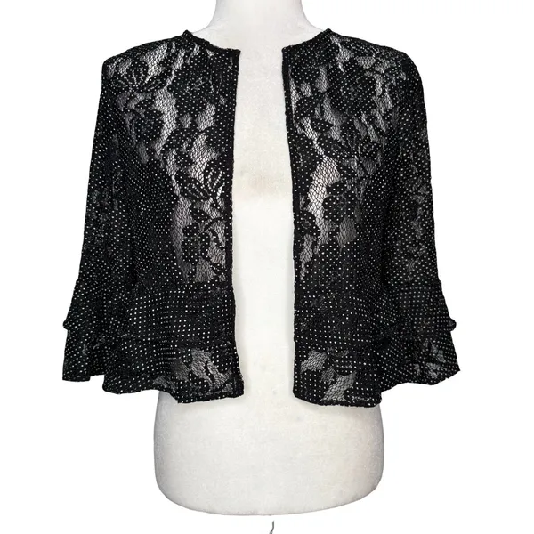 LRL Ralph Lauren Small Lace Overlay Cardigan Bell Sleeve Open Sheer Black Ruffle - Image 4