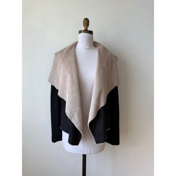 Free People Fate Faux Fur Handkerchief Collar Black Beige Women's Jacket Small - Image 3