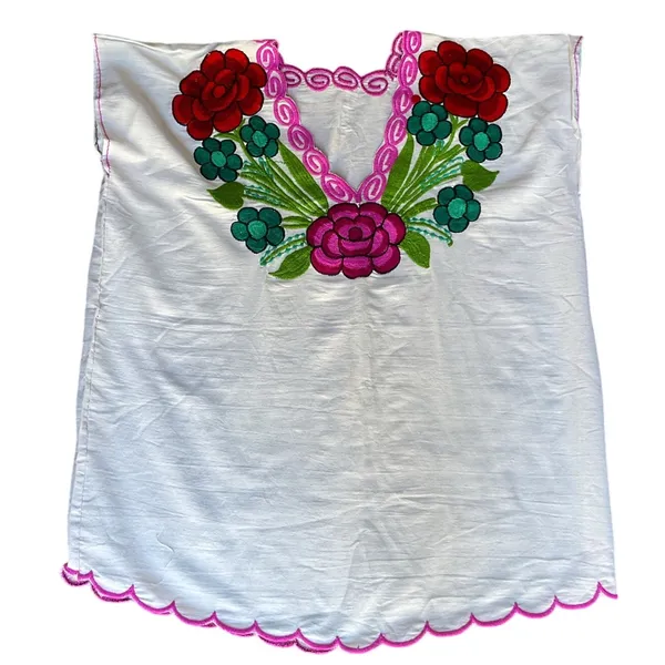Mexican White Embroidered Blouse Floral Artisanal Folk Art Chiapas Boho Festival - Image 5