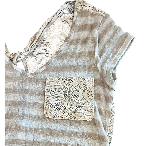 Moa Moa Cream‎ Tan Stripe Feminine Lacy Twist Cap Sleeve Top sz Small - Image 2