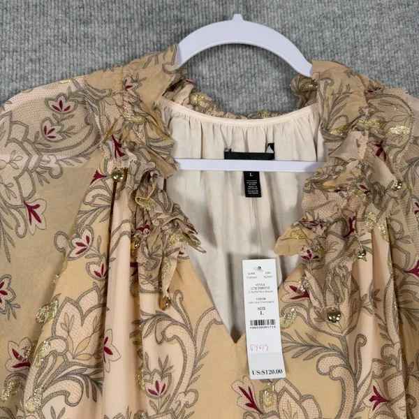 White‎ House Black Market Size-L Ruffle Neck Blouse Lush Lace Gold Floral - Image 6