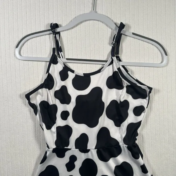 Women’s XS Black White Cow Print Mini Dress Spaghetti Strap Skater Casual - Image 3