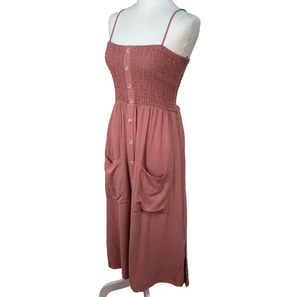 One Clothing Smocked Sundress Womens L Pink Button Up Linen‎ Blend Boho Cottage - Image 2