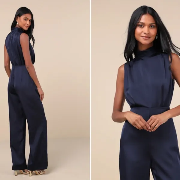 LULU's Sexy Elegant Chic Minimalistic Wedding Navy Satin Wide Leg Jumpsuit - Image 4