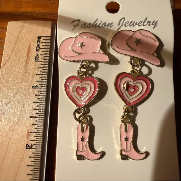 Fashion Jewelry Gold-tone Pink Enamel Cowgirl Dangle Earrings - Image 6