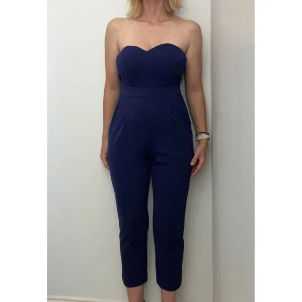 Express Strapless Jumpsuit size 0 Royal Blue Petite Sweetheart Neck Pockets Chic - Image 10