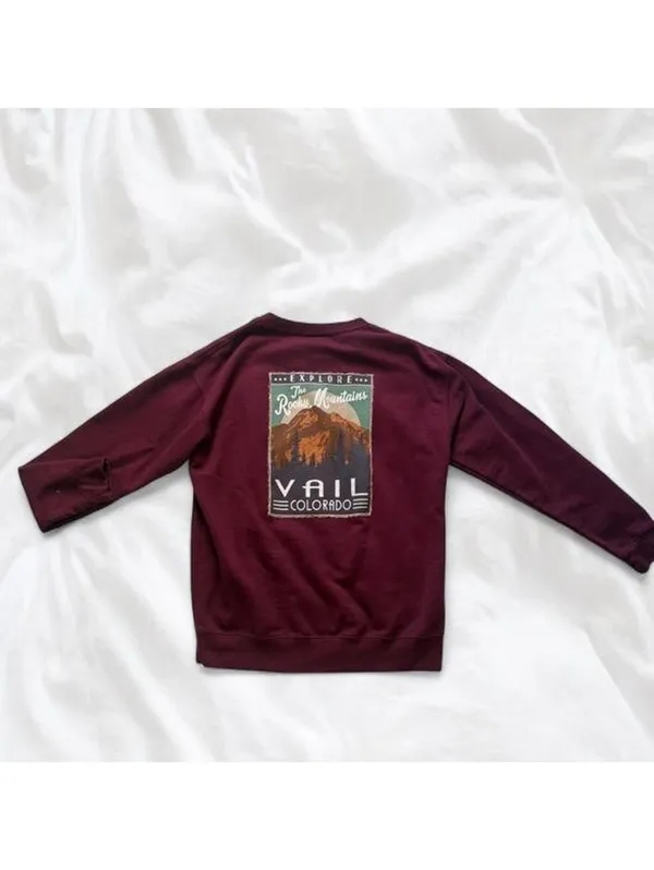 Vail Colorado Mountain Graphic Crewneck Sweatshirt Burgundy Size Large - Image 3