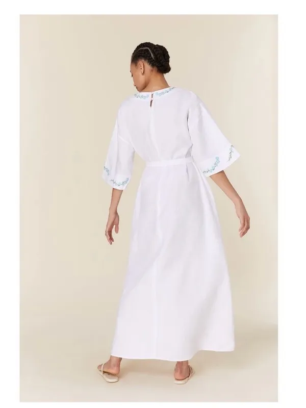 Andie x Fanm Mon Kepez Maxi LINEN Kaftan Dress Blue Floral Embroidery NWT MED - Image 14