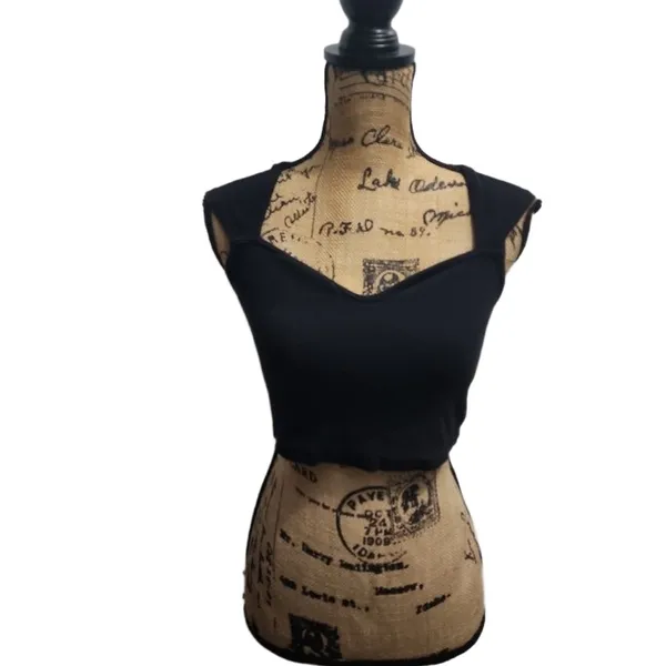 SHEIN Crop Top Womens Small‎ Black Sweetheart Neckline Cap Sleeve Fitted Modern - Image 2