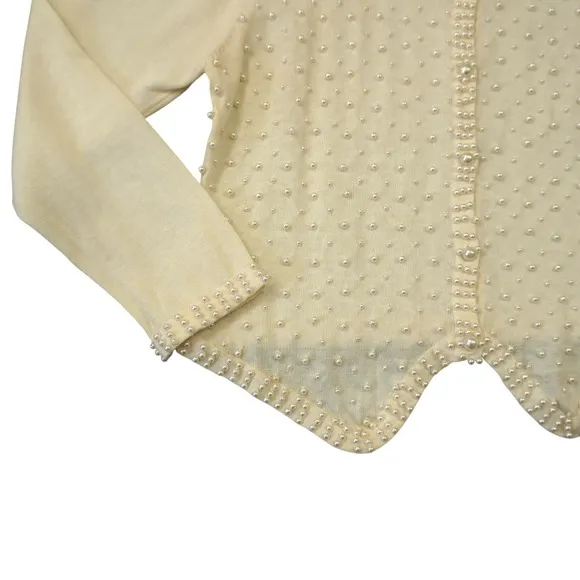 Vintage Cream Faux Pearl Embellished Cardigan Sweater Scalloped Hem Feminine‎ - Image 3