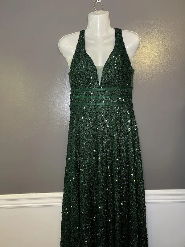 FAERIESTY Dress Womens Medium Green Sequin V-Neck Fit & Flare Maxi Formal Gown - Image 3