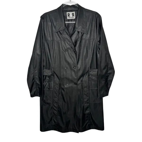 1990s Rave 4 Real Black Coated Stretch Trench Coat Women’s M/L - Image 5