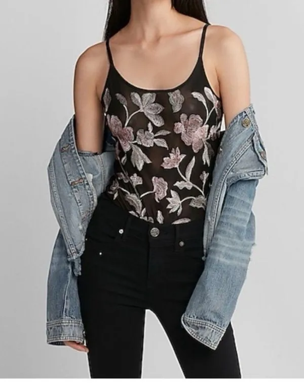 Express Black Sheer Bodysuit Pink Floral Embroidery Party Medium Going Out - Image 5