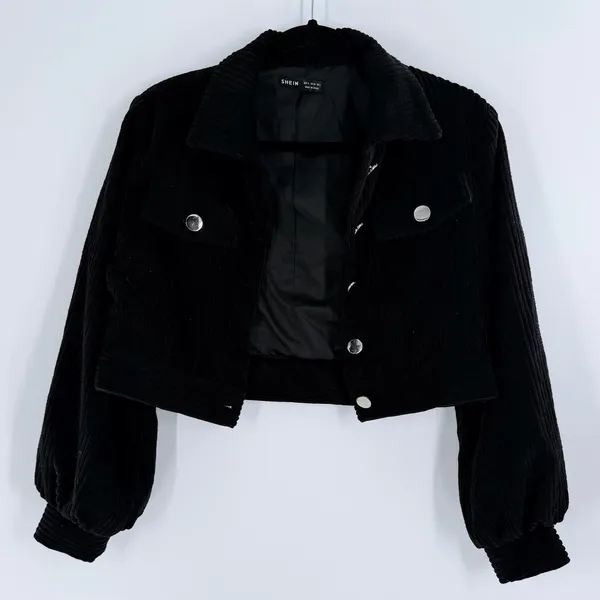 Women’s Cropped Black Corduroy Snap Button Jacket Structured Fit Size Small - Image 3