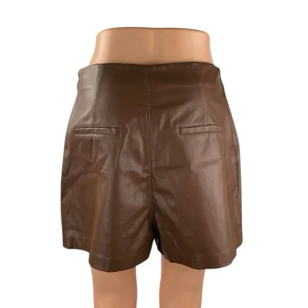 Meshki Women's Brown Fleece Lined High Rise Faux Leather Vegan Mini Shorts Sz M - Image 3