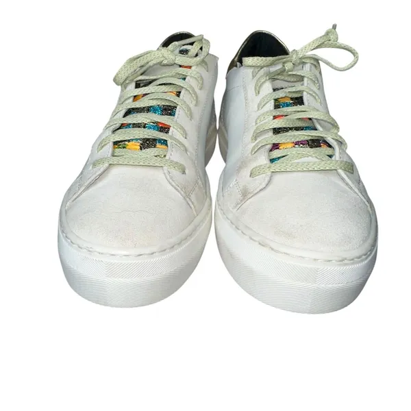 P448 Thea Platform Mahlia Mixed‎ Suede Leather Sneakers Gold Heel Women's 39 8.5 - Image 3