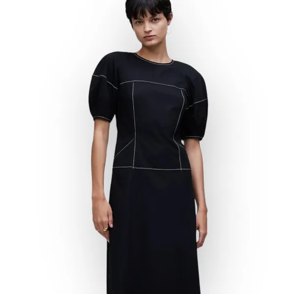 Madewell Jinni Puff-Sleeve Midi Dress Women's 0 Black Drop-Waist V-Back NWT - Image 10