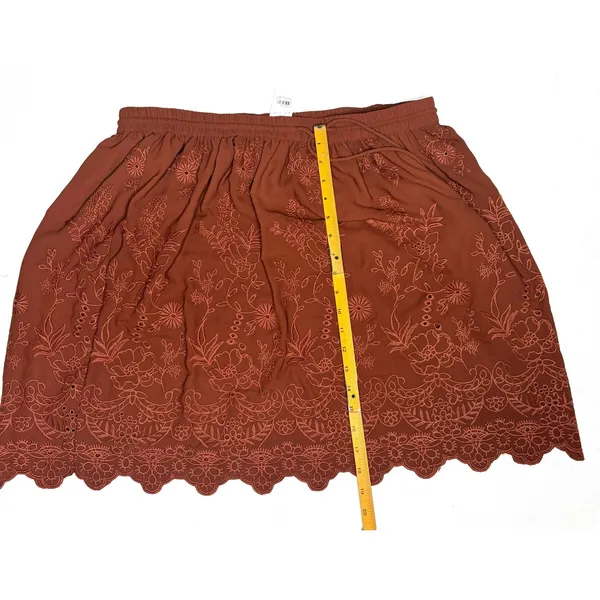 Lottie Rust Brown Eyelet Embroidered Scalloped Mini Skirt Boho Drawstring Waist‎ - Image 8