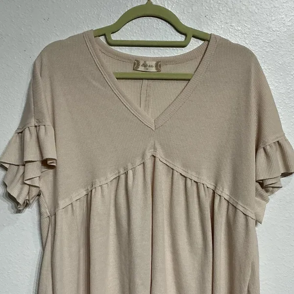 Altar’d State Blush Pink Waffle Knit Babydoll Ruffle Sleeve Top Sz M - Image 3