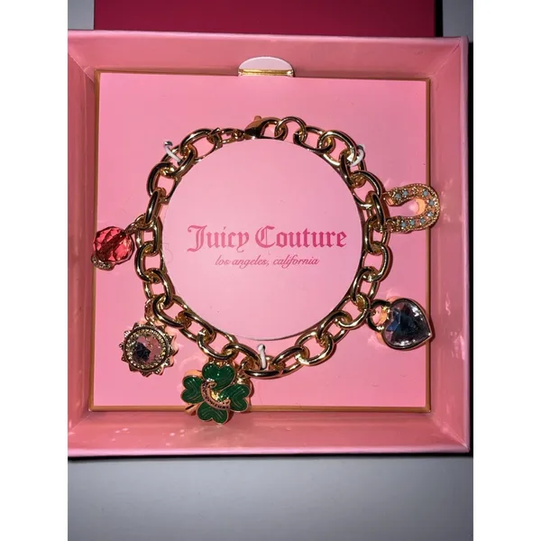 NIB Juicy Couture Goldtone Charm Bracelet Charms Logo Y2K Lucky Horseshoe Clover - Image 2