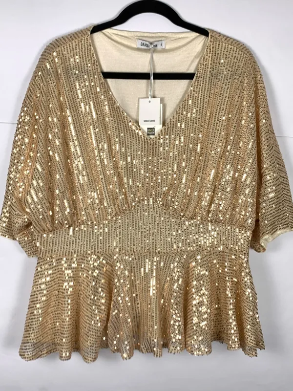 Grace Karin Womens Top 1XL Gold Sequin V Neck Batwing Peplum Party Blouse - Image 10