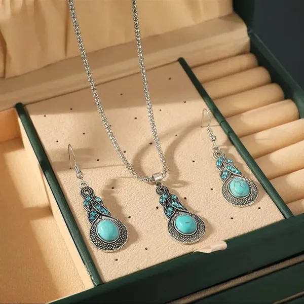 Set 3 pc Vintage Style Blue Crystal Inlaid Turquoise Pendant With Lantern Chain - Image 5