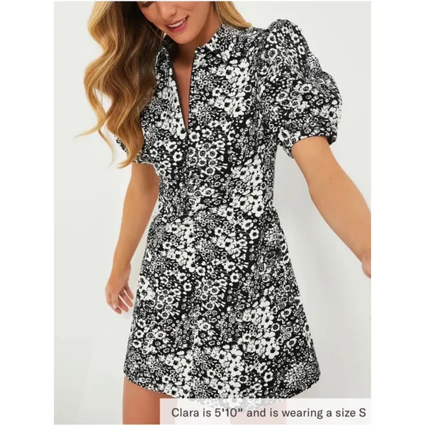 Hyacinth House Dress Chrysanthemum Front Zip Mini Puff Sleeve Black White Floral - Image 3