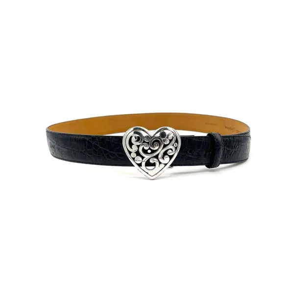 Vintage Brighton Black Croc Embossed Leather Belt Heart Scroll Buckle USA Sz 38 - Image 3