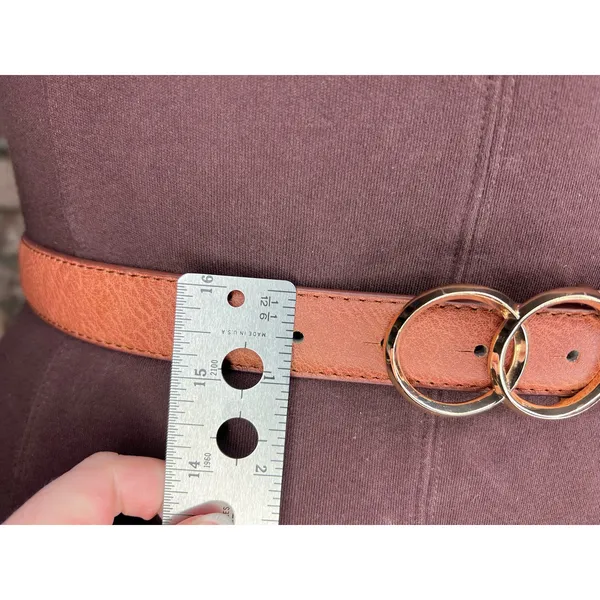 belt vegan leather tan interlocking circles buckle gold - Image 4