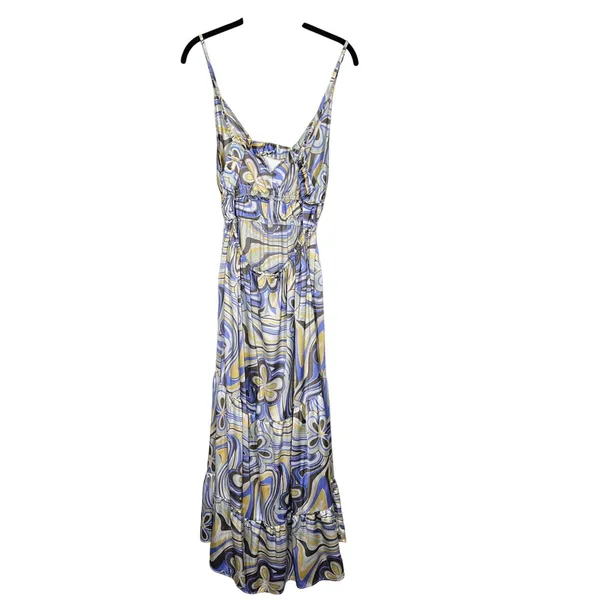 Indulge in Style Maxi Dress L Blue Yellow Floral Print Sleeveless Open Back - Image 2
