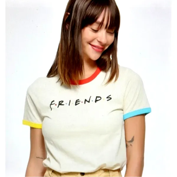 Friends Rainbow T-shirt Beige with Multicolor Neck and Cuffs M - Image 3