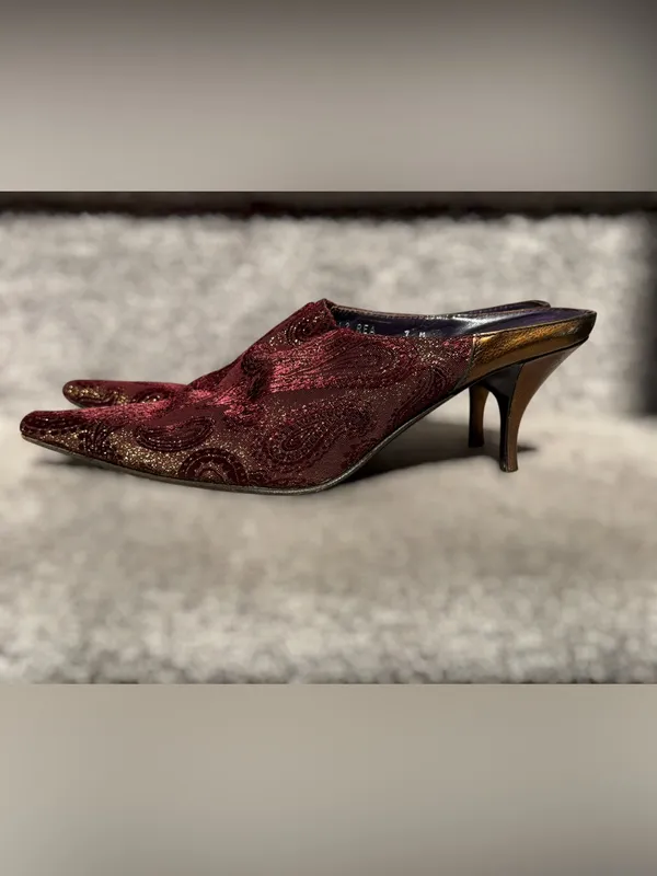 Donald J Pliner Couture Paisley Brocade Pointed Toe Kitten Heel Mules Y2K Glam - Image 4
