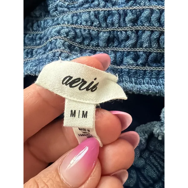 Aerie Blue Denim One Shoulder Ruffle Smocked Crop Top‎ Size M - Image 3