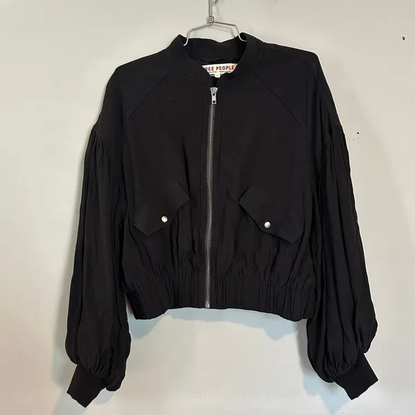 FREE PEOPLE On Pointe Bomber Jacket Lightweight Puff Balloon Sleeve Black - Image 3