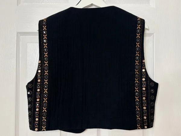 ZARA Embroidered Mirror Vest Black Boho Festival Artisan Western Statement L - Image 3